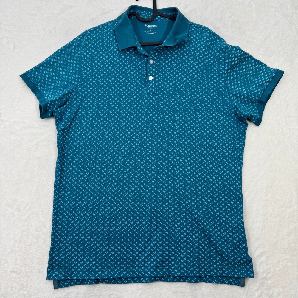 Bonobos Polo Shirt Mens L Teal Paper Airplane Print Slim Cotton Stretch Short